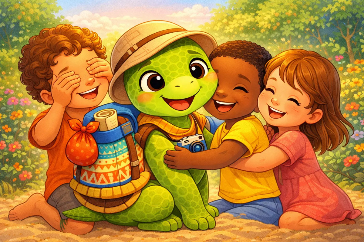 Noma la tortue nomade est entourée d'enfant joyeux
