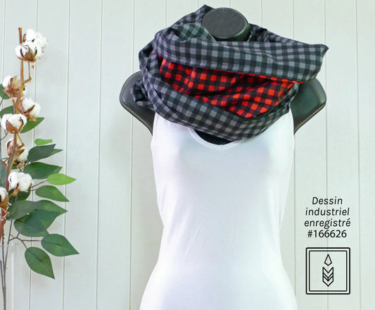 Foulard 5 en 1 Carreauté gris et rouge Famille Nomade